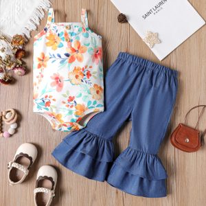 Naia™ 2pcs Baby Girl 100% Cotton Flared Pants Allover Floral Print Cami Romper Set - 0-3 Months, Colorful