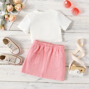2Pcs Toddler Girl Solid Ribbed Cotton Top and Skirt Set - 2 Years, PinkyWhite