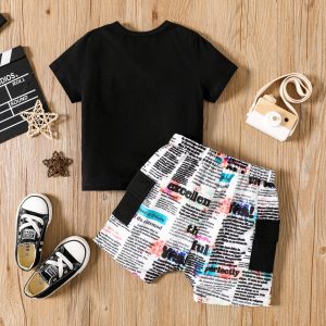 2Pcs Toddler Boy Colorblock Letter Print Cotton Tee & Shorts Set - 2 Years, ColorBlock