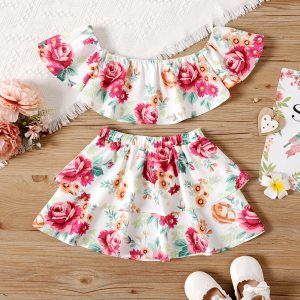 2pcs Toddler Girl Floral Print Off Shoulder Blouse and Layered Skirt Set - 2 Years, Colorful