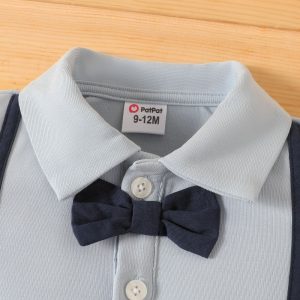 2pcs Baby Boy 100% Cotton Suspender Shorts and Bow Tie Decor Short-sleeve Shirt Romper Set - 0-3 Months, Light Blue