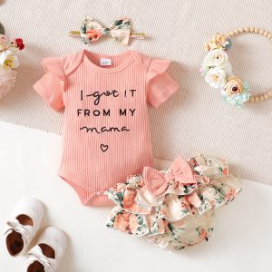 3pcs Baby Girl 95% Cotton Ribbed Ruffle Short-sleeve Letter Embroidery Romper and Floral Print Layered Shorts with Headband Set - Dark Green, 12-18 Months