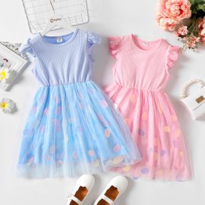 Kid Girl Ruffle Sleeve Polka Dots Pattern Mesh Fairy Dress