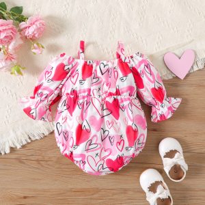 Baby Girl Allover Heart Print Cold Shoulder Long-sleeve Bow Front Romper - 0-3 Months, Pink