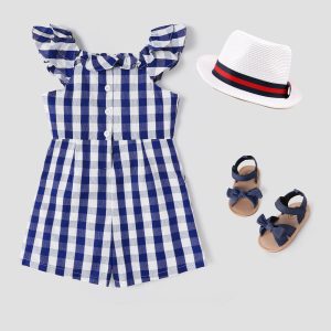 Kid Girl 100% Cotton Allover Gingham Print Ruffled Flutter-sleeve Romper Shorts - Blue, 5-6 Years