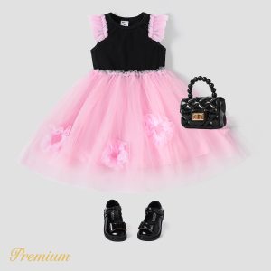 Toddler Girl Colorblock Mesh Overlay Combo Ruffled Tank Dress - 2 Years, Black+Pink