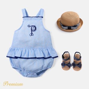 Baby Girl Ruffle Hem Plaid Cami Bodysuit - Sky Blue, 0-3 Months