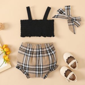 3pcs Baby Girl 100% Cotton Bow Front Cami Top and Plaid Shorts and Bow Headband Set - 3-6 Months, Black