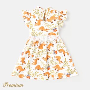 Toddler Girl 100% Cotton Allover Fox Print Flutter-sleeve Lace Detail Shirred Dress - 2 Years, Colorful