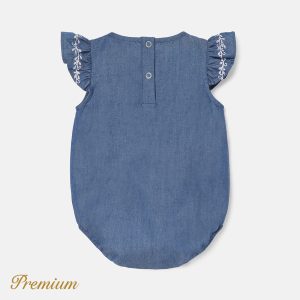 Baby Girl 100% Cotton Denim Flutter-sleeve Romper - 0-3 Months, DENIMBLUE