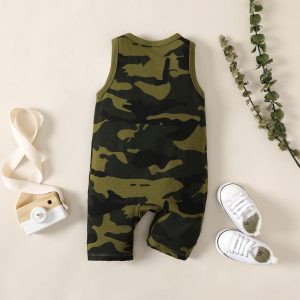 Baby Boy 95% Cotton Letter Print Camouflage Tank Jumpsuit - 0-3 Months, Army green