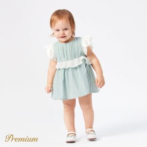 Baby Girl 100% Cotton Contrast Ruffled Flutter-sleeve Textured Romper - 0-3 Months, Light Green