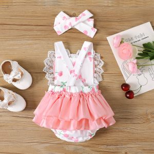 2pcs Baby Girl Heart Embroidered Tank Bodysuit and Headband Set - 0-3 Months, Pink
