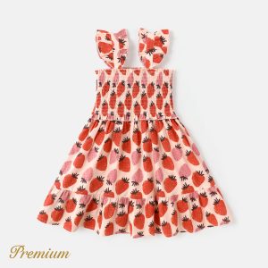 Toddler Girl 100% Cotton Strawberry Print Flutter-sleeve Smocked Dress - Pink, 2-3 Years