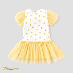 Toddler Girl Cotton Allover Lemon Print Puff-sleeve Spliced Mesh Dress - 2 Years, Light/Yellow