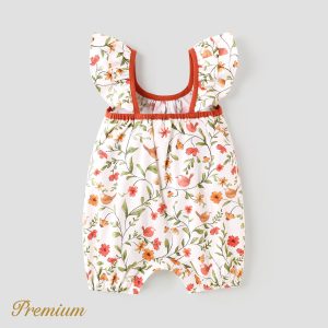 Baby Girl 100% Cotton Floral Print Flutter-sleeve Jumpsuit - 0-3 Months, Creamcolored