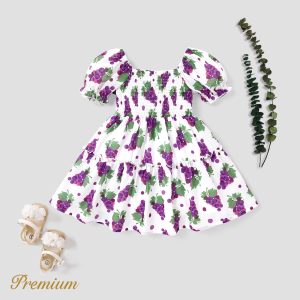 2pcs Kid Girl Grape Embroidered Flutter-sleeve Top and Naia™ Grape Print Skirt Set - 5-6 Years, White