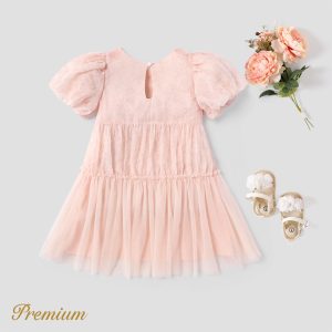 Kid Girl 100% Cotton Solid Textured Splice Mesh Puff-sleeve Dress - Peach Puff, 5-6 Years
