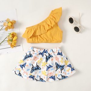 2pcs Baby Girl 100% Cotton Ruffled One-Shoulder Top and Butterfly Print Skirt Set - 3-6 Months, Yellow