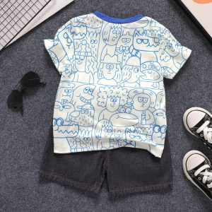 2pcs Toddler Boy Allover Print Tee and Ripped Denim Shorts Set - 2 Years, Black