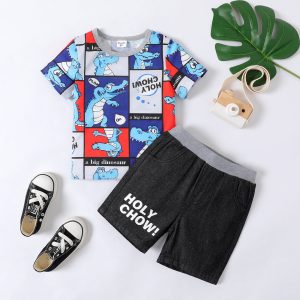 2pcs Toddler Boy Dinosaur Print Short-sleeve Tee and Letter Print Denim Shorts Set - 2 Years, ColorBlock