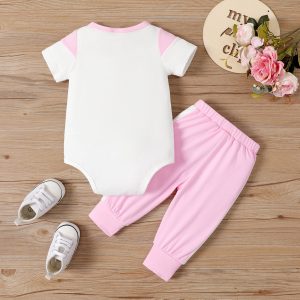2pcs Baby Girl Leopard & Letter Print Colorblock Bodysuit and Pants Set - 0-3 Months, White