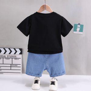 2pcs Toddler Boy Giraffe Graphic Short-sleeve Cotton Tee and Denim Shorts Set - 3 Years, Black