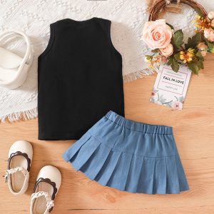 2pcs Toddler Girl Solid Sleeveless Top and 100% Cotton Pockets Skirt Set - 2 Years, DENIM BLUE