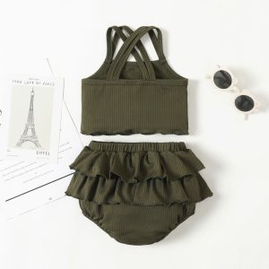 2pcs Baby Girl Solid Rib-knit Camisole and Ruffled Shorts Set - 0-3 Months, Army green