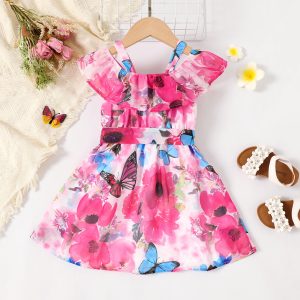 Toddler Girl Allover Butterfly Print Ruffle Strappy Belted Dress - Colorful, 2 Years