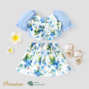 2pcs Baby Girl 100% Cotton Floral Print Big Bow Front Top and Smocked Skirt Set - 18-24 Months, Blue