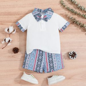 2pcs Baby Boy Front Buttons Ethnic Pattern Lapel Collar Short-sleeve Top and Shorts Set - 3-6 Months, White