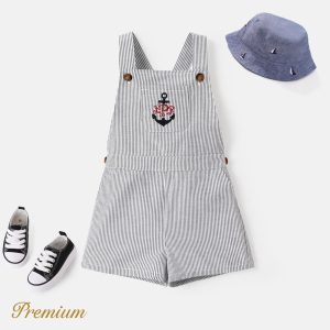 Toddler Girl/Boy Anchor Embroidered Patch Pocket Striped Overall Shorts - White, 1-2 Years