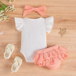 3pcs Baby Girl Flutter-sleeve Letters Print Bodysuit and Ruffled Solid Skirt and Headband Set - 12-18 Months, Pink