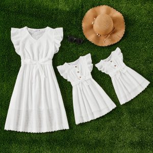 Mommy and Me 100% Cotton Solid Textured Flutter-sleeve Belted Dresses - White, 3-6 Months