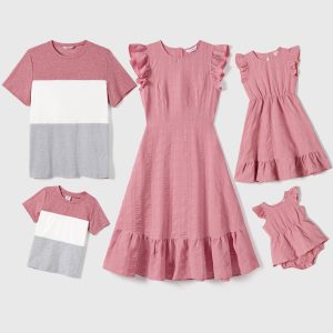 Family Matching Pink Ruffle-sleeve Texture Dresses and Color Block Short-sleeve T-shirts Sets - Pink, 3-6 Months
