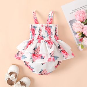 Baby Girl Allover Floral Print Smocked Ruffle Slip Romper - 0-3 Months, White