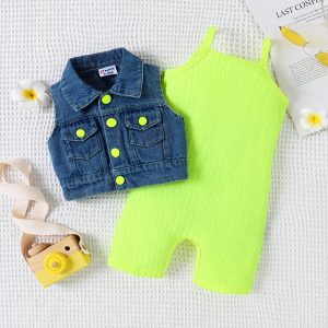 2pcs Baby Girl Solid Rib-knit Romper and Button Up Front Vest Denim Jacket Set - Hot Pink, 3-6 Months