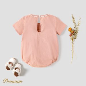 Baby Girl 100% Cotton Embroidered Round Neck Short-sleeve Romper - 0-3 Months, Pink