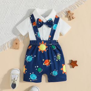 2pcs Baby Boy Bow Tie Decor Short-sleeve Polo Neck Top and Allover Print Suspender Shorts Set - 3-6 Months, Tibetan blue
