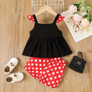 2pcs Toddler Girl Polka Dots Bow Front Flutter-sleeve Cotton Camisole and Shorts Set - 2 Years, Red