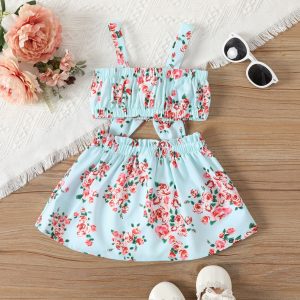 2pcs Baby Girl Floral Print Bow Decor Slip Top and Front Buttons Skirt Set - 18-24 Months, Blue
