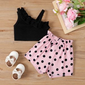 2pcs Baby Girl Ruffled One-Shoulder Cami Top and Naia™ Polka Dots Shorts Set - Block, 3-6 Months