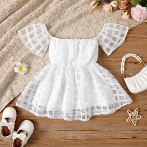 Toddler Girl White Plaid Off-Shoulder Short-sleeve Dress - 2 Years, White