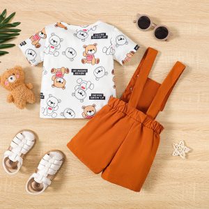 2pcs Baby Boy Allover Bears Print Short-sleeve Tee and Front Pocket Solid Strappy Overalls Set - 6-9 Months, Brown