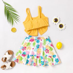 2pcs Toddler Girl 100% Cotton Bow Front Crop Camisole and Plant Floral Print Skirt Set - 2 Years, Yellow+White