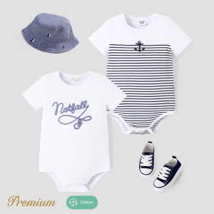 Baby Boy Letter/Stripe Print Short-sleeve Cotton Bodysuit