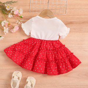 Baby Girl Bow Decor Rabbit Print Polka Dots Ruffle Dress - 3-6 Months, Red