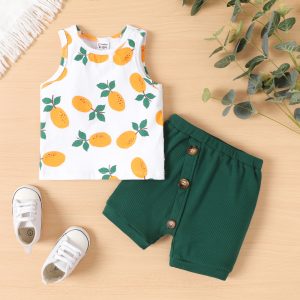 2pcs Baby Boy Fruit Print Tank Top and Oblique Button Shorts Set - 3-6 Months, Dark Green