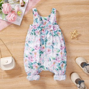 Baby Girl Allover Floral Print Bow Decor Strappy Jumpsuit - 0-3 Months, Purple